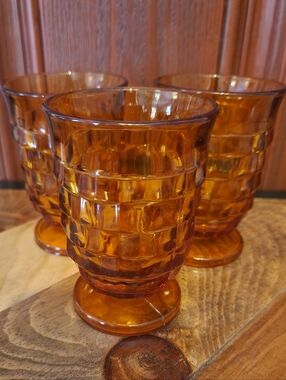 Vintage Indiana Glass Amber Colored Footed Juice Glasses Lot Of 3